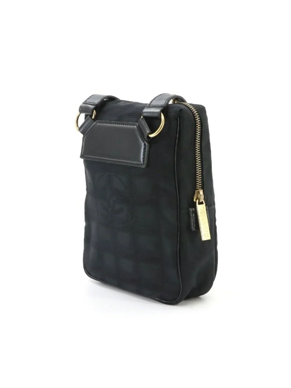 Chanel New Travel Line Shoulder Bag Nylon Jacquard Leather Black